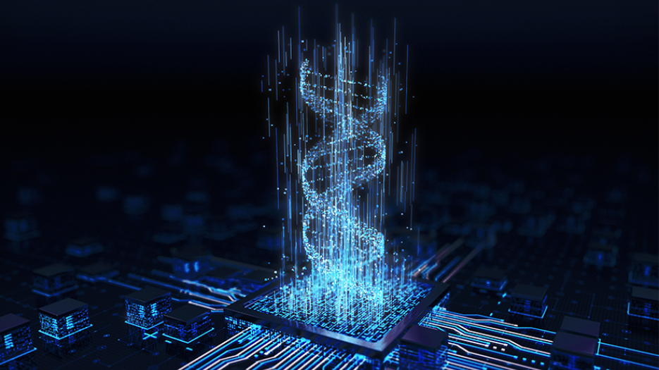 Illustration of computer chip with DNA made of electronic imagery coming out of it